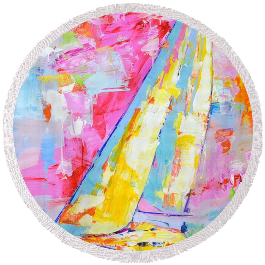 Sailboats Round Beach Towel featuring the painting Sailboat 6. by Iryna Kastsova