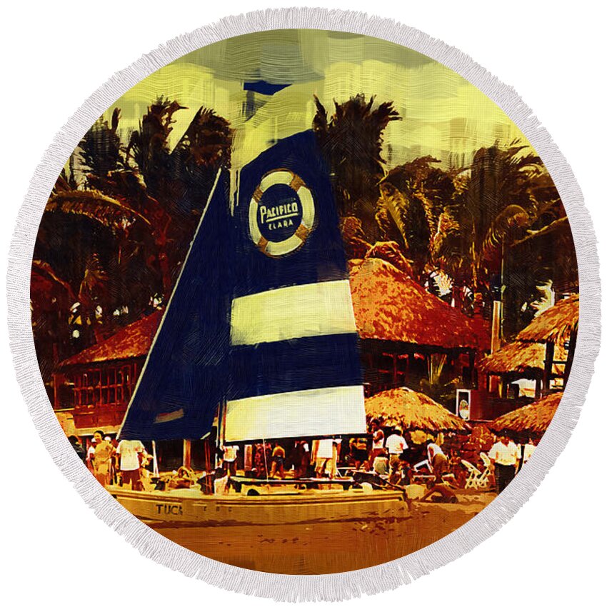 Mazatlan Round Beach Towel featuring the digital art Sailboat At The Resort by Kirt Tisdale