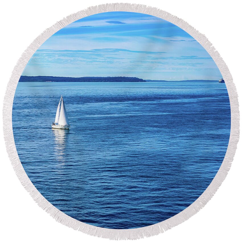 Sailboat Round Beach Towel featuring the digital art Sailboat in Puget Sound by SnapHappy Photos