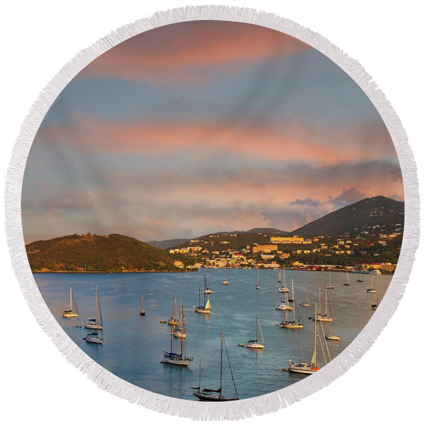 Bay Round Beach Towel featuring the photograph Sailboats Anchored in Caribbean Bay by Darryl Brooks