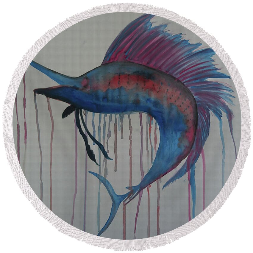 Watercolour Round Beach Towel featuring the painting Sailfish by Faa shie