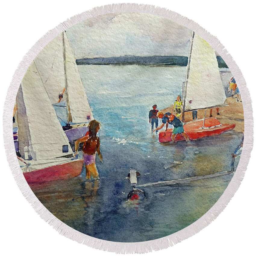 Dungarvan Round Beach Towel featuring the painting Sailing Dungarvan Bay by Keith Thompson