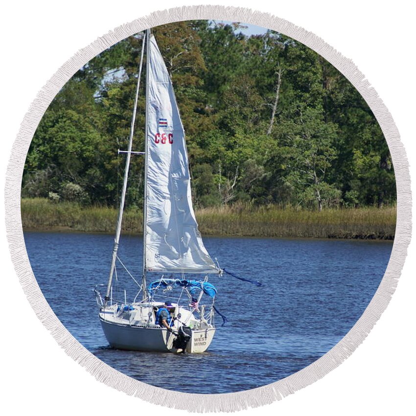  Round Beach Towel featuring the photograph Sailing on the Brunswick River by Heather E Harman