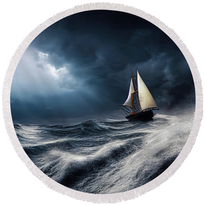 Ship Round Beach Towel featuring the digital art Sailing Ship on ocean in stormy weather 04 by Matthias Hauser