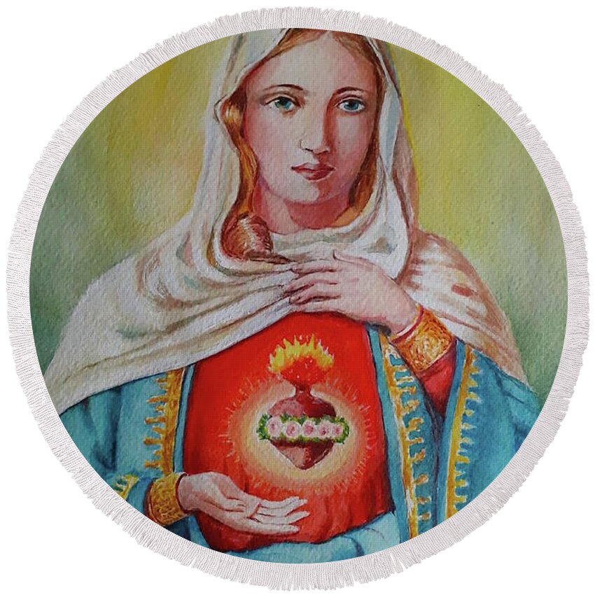 Saint Mary Round Beach Towel featuring the painting Saint Mary s sacred heart by Carolina Prieto Moreno