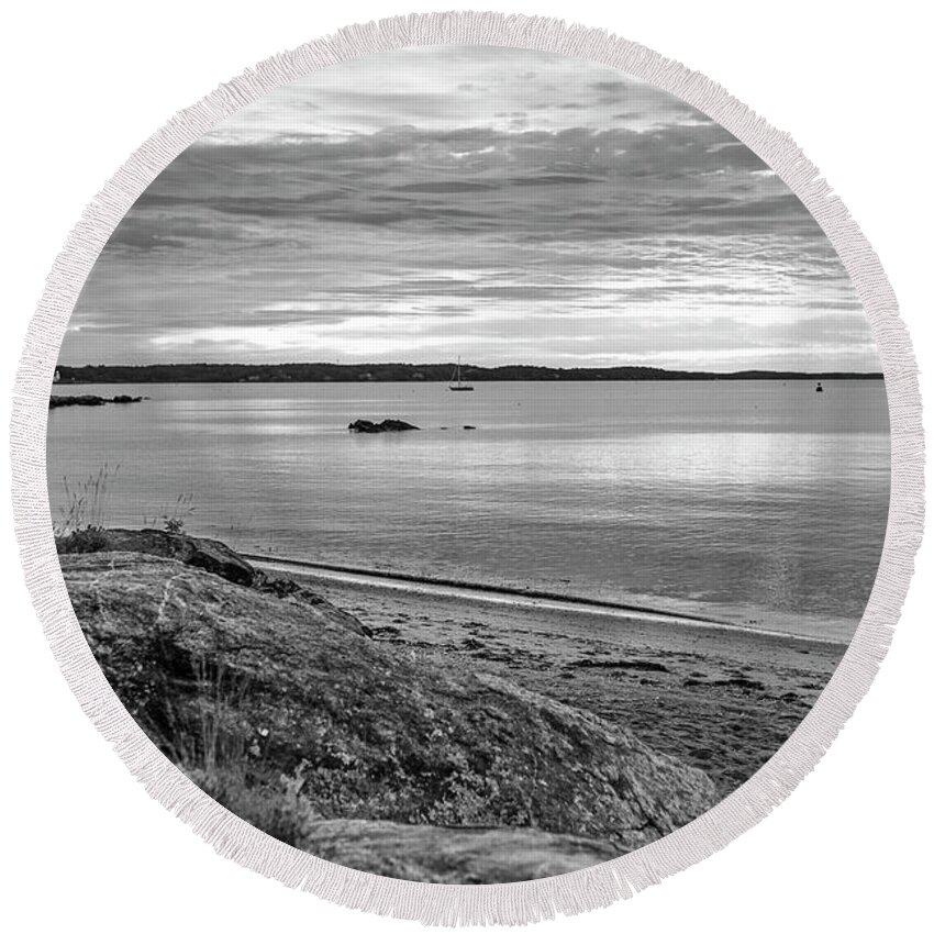 Salem Round Beach Towel featuring the photograph Salem MA Waikiki Beach Sunrise Black and White by Toby McGuire
