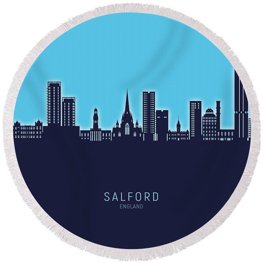 Salford Round Beach Towel featuring the digital art Salford England Skyline #66 by Michael Tompsett