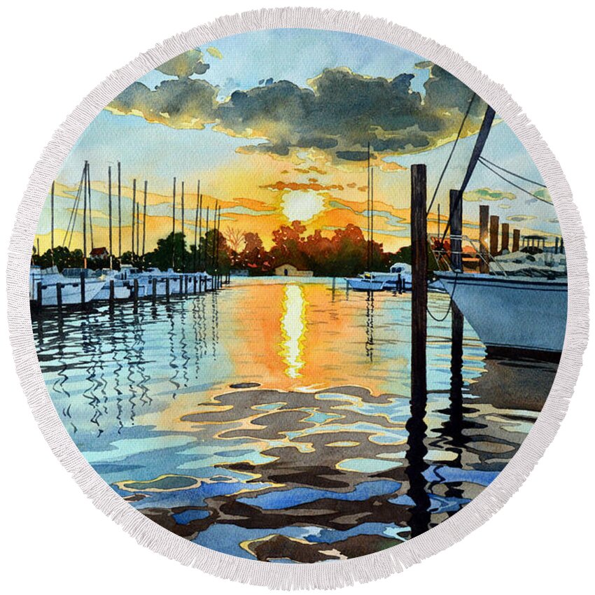 Watercolor Round Beach Towel featuring the painting Salt Water Sunset by Mick Williams