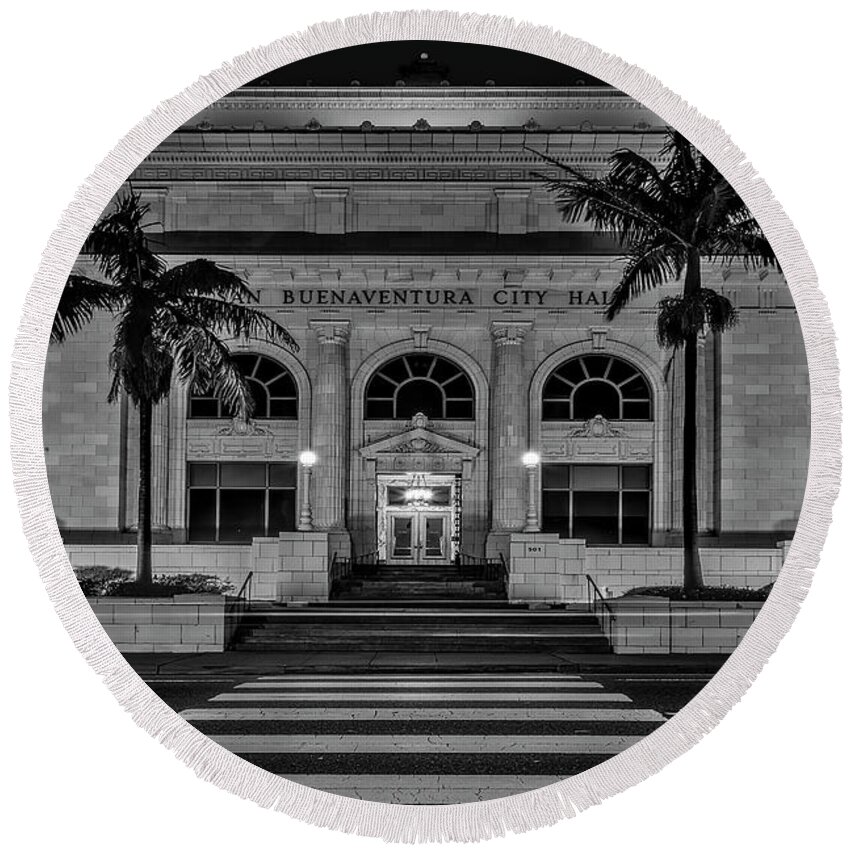 San Buenaventura City Hall Round Beach Towel featuring the photograph San Buenaventura City Hall CA BW by Susan Candelario