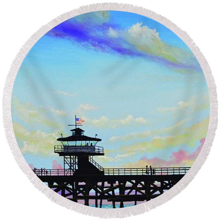 San Clemente Round Beach Towel featuring the painting San Clemente Seaside by Mary Scott