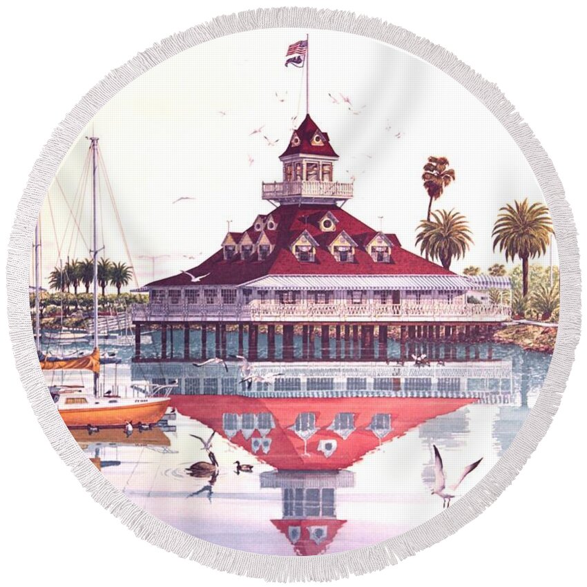San Diego Round Beach Towel featuring the painting San Diego, California, Boathouse of Coronado by John YATO