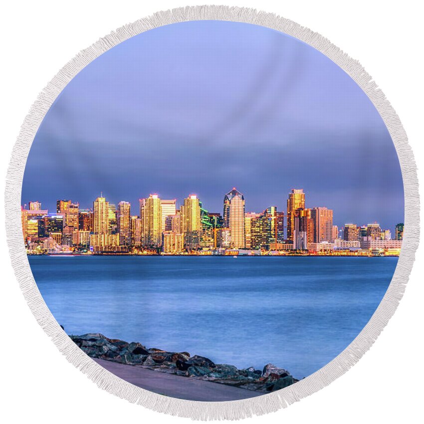 San Diego Round Beach Towel featuring the photograph San Diego Skyline By Lamplight by Joseph S Giacalone