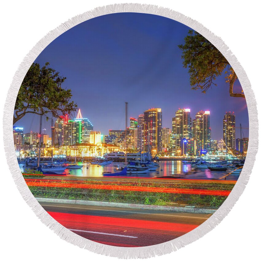 San Diego Round Beach Towel featuring the photograph San Diego Skyline At Night by Joseph S Giacalone