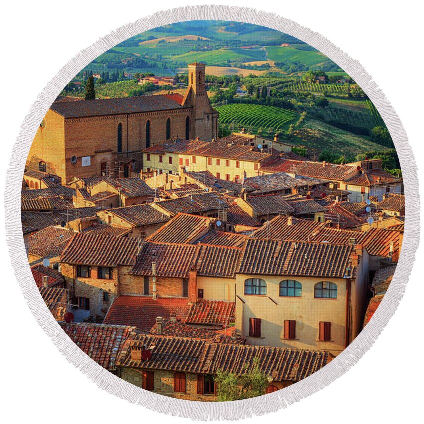 Europe Round Beach Towel featuring the photograph San Gimignano from Above by Inge Johnsson