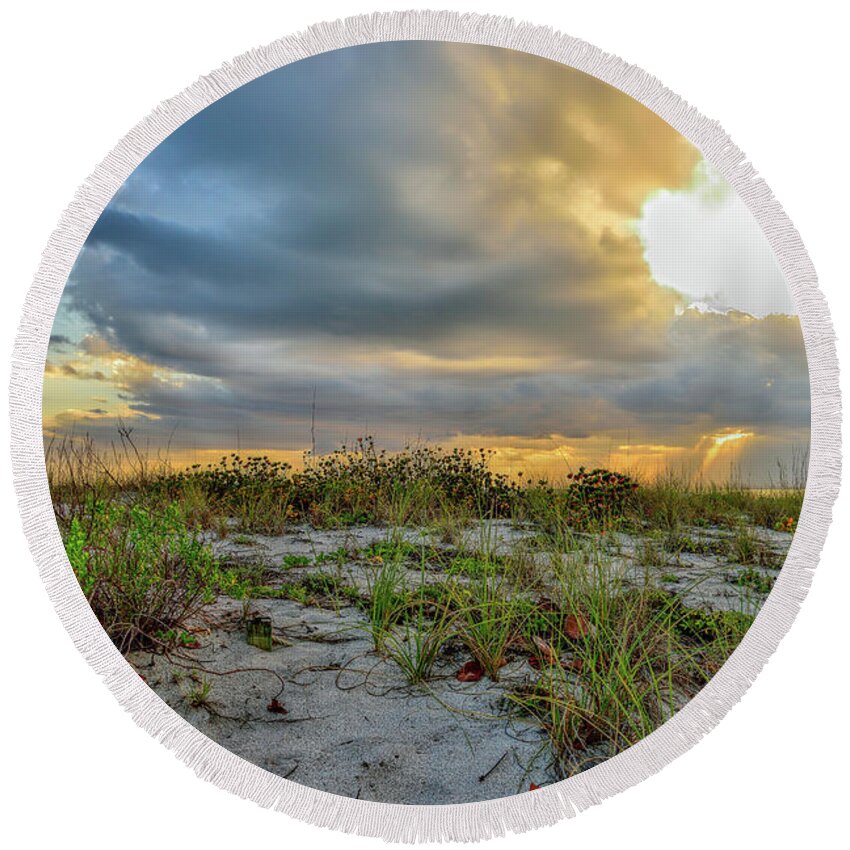 Florida Round Beach Towel featuring the photograph Sand Dunes Cloudy Sky by Alison Belsan Horton