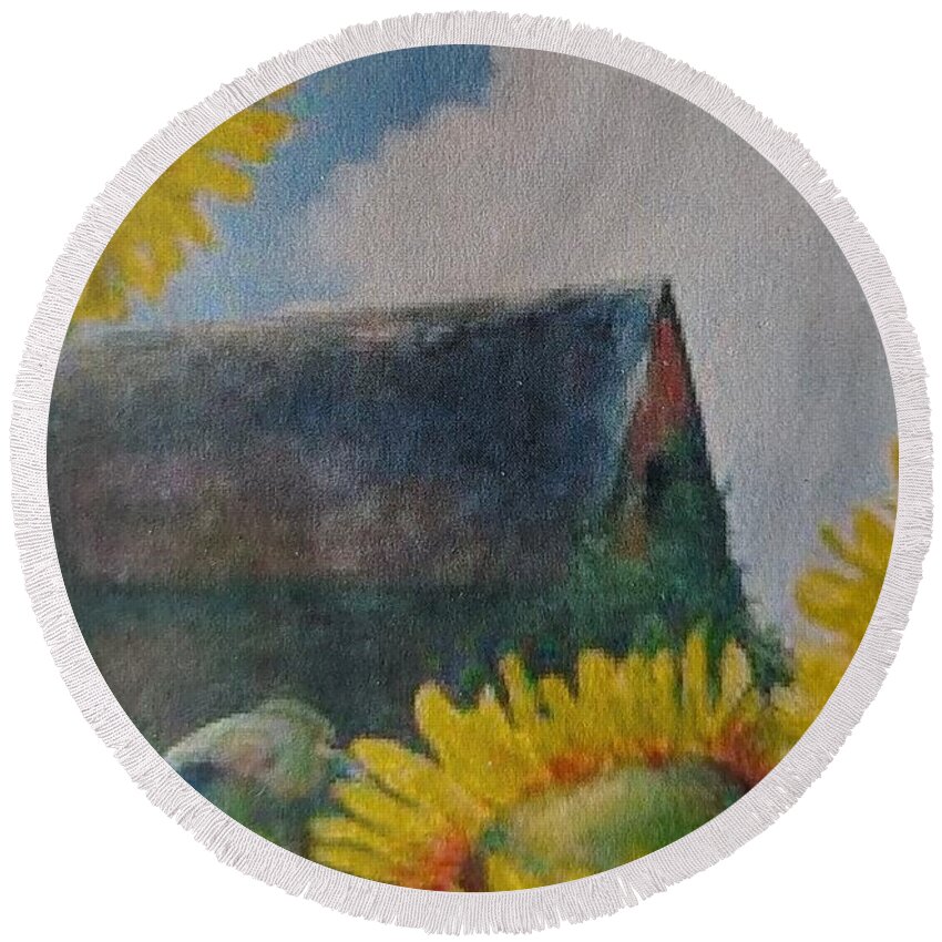 Sunflowers Round Beach Towel featuring the painting Sand Mountain Sunflowers by ML McCormick