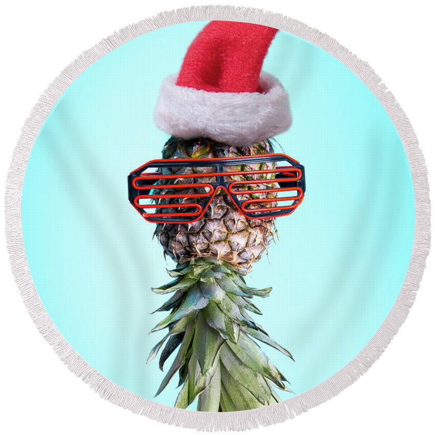 Pineapple Round Beach Towel featuring the photograph Santa ananas. Funky pop art minimal christmas in summer concept. by Jelena Jovanovic