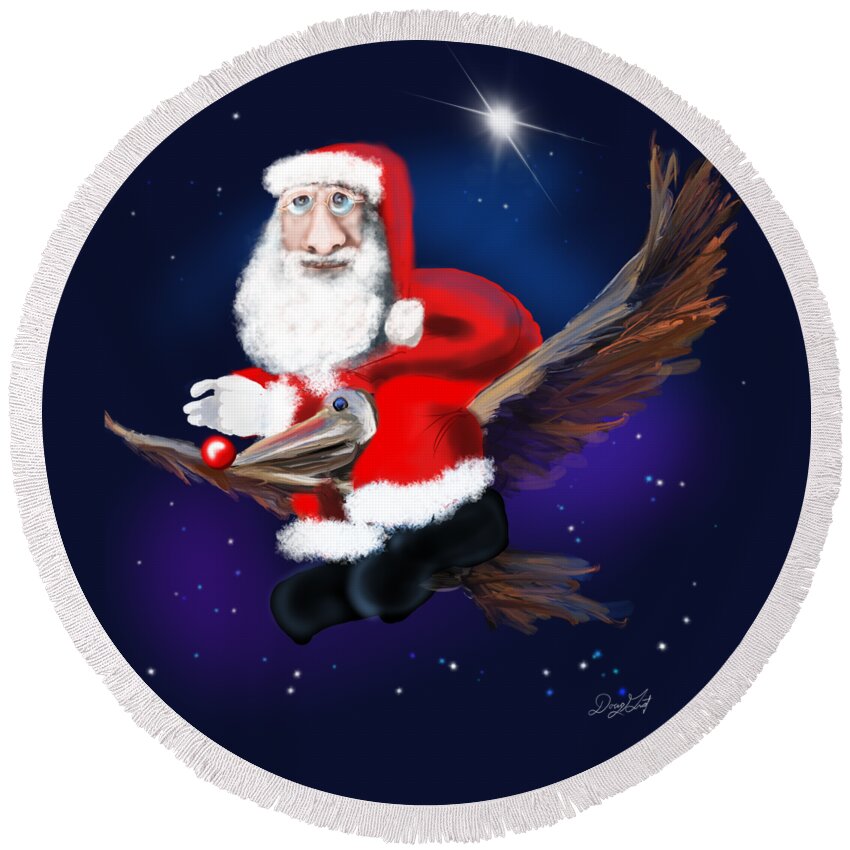 Santa Claus Round Beach Towel featuring the digital art Santa and Pelican Airways by Doug Gist