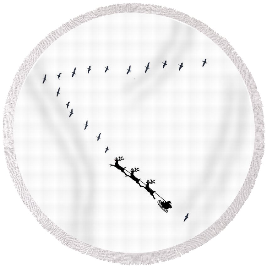 Canada Geese Round Beach Towel featuring the mixed media Santa Flies in Formation by Moira Law