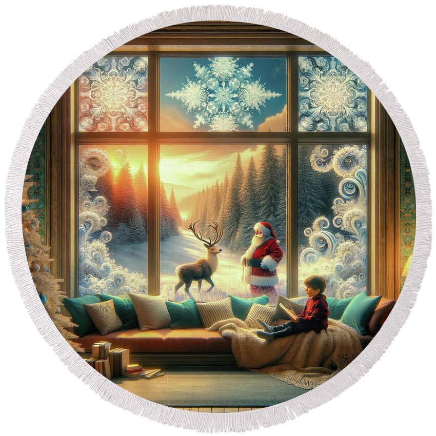 Christmas Eve Round Beach Towel featuring the digital art Santa Whispers and Winter Wishes by Bill and Linda Tiepelman