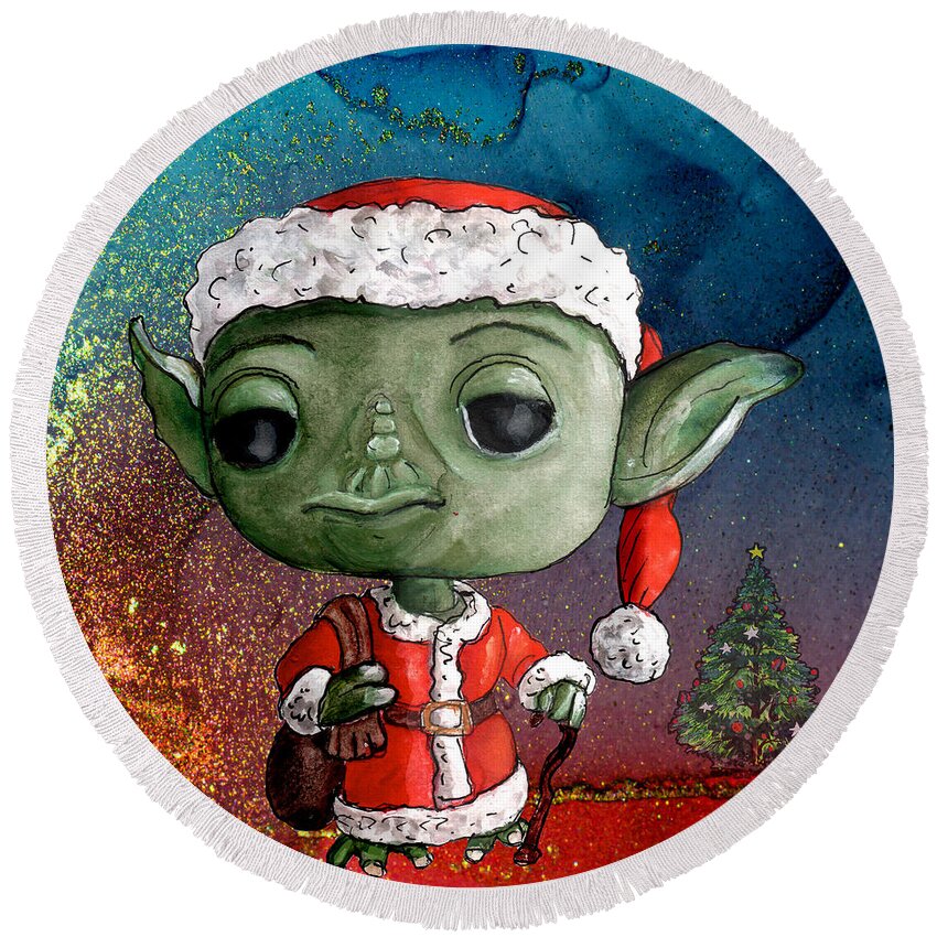 Star Wars Round Beach Towel featuring the painting Santa Yoda Funko Pop by Miki De Goodaboom