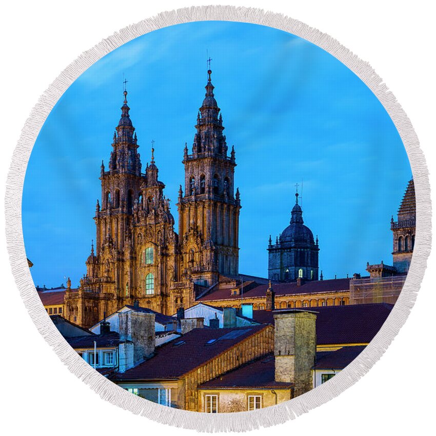 Way Round Beach Towel featuring the photograph Santiago de Compostela Cathedral Spectacular View by Night and Tiled Roofs La Coruna Galicia by Pablo Avanzini