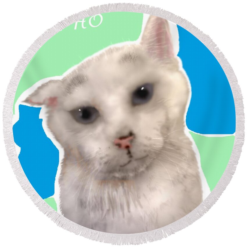 White Cat Sappho Round Beach Towel featuring the mixed media Sappho the super cat by Pamela Calhoun