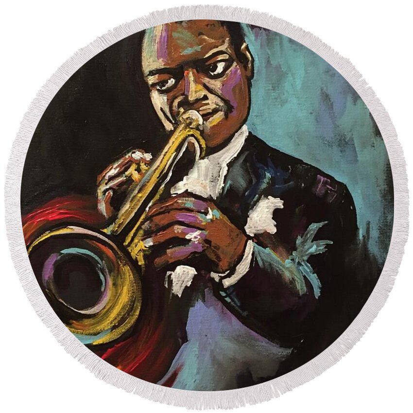 Satchmo Round Beach Towel featuring the painting Satchmo by Ellen Lewis