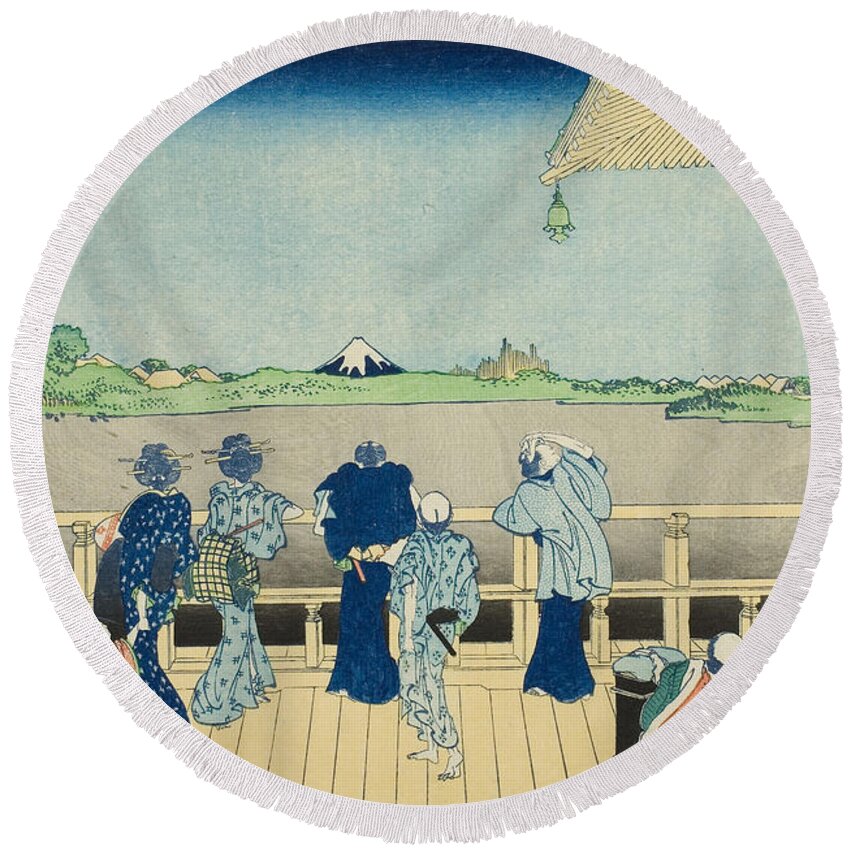 19th Century Art Round Beach Towel featuring the relief Sazai Hall at the Temple of the Five Hundred, from the series Thirty-Six Views of Mount Fuji by Katsushika Hokusai