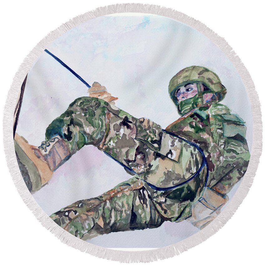 Soldier Round Beach Towel featuring the painting Scaling New Heights by Barbara F Johnson