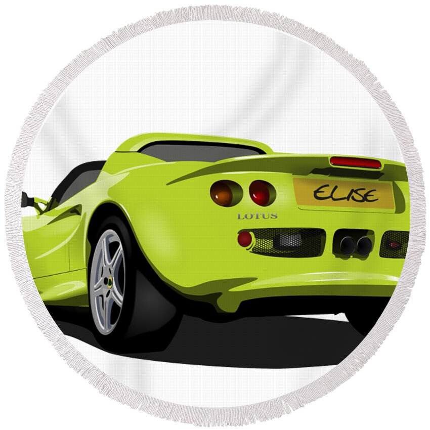 Sports Car Round Beach Towel featuring the digital art Scandal Green S1 Series One Elise Classic Sports Car by Moospeed Art