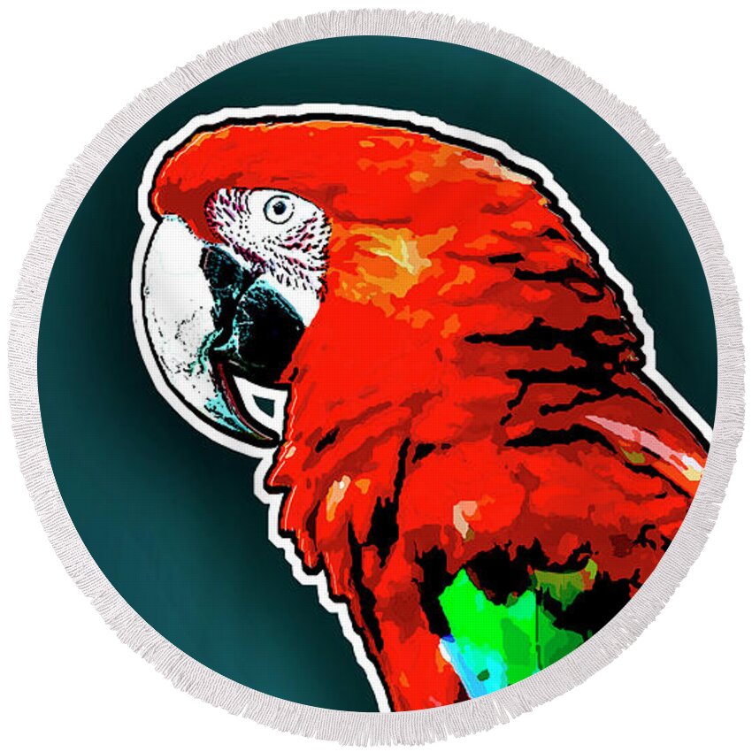 Scarlet Macaw Round Beach Towel featuring the digital art Scarlet Macaw by Gene Bollig