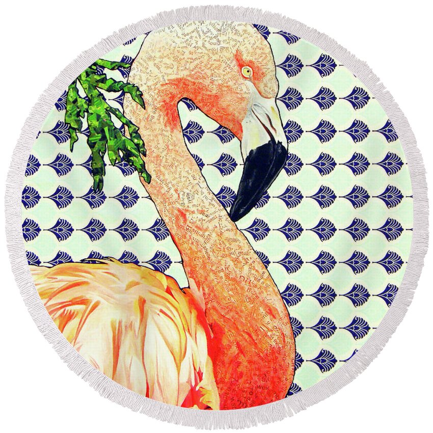 Flamingo Round Beach Towel featuring the mixed media Scarlette by Jacqueline Bevan
