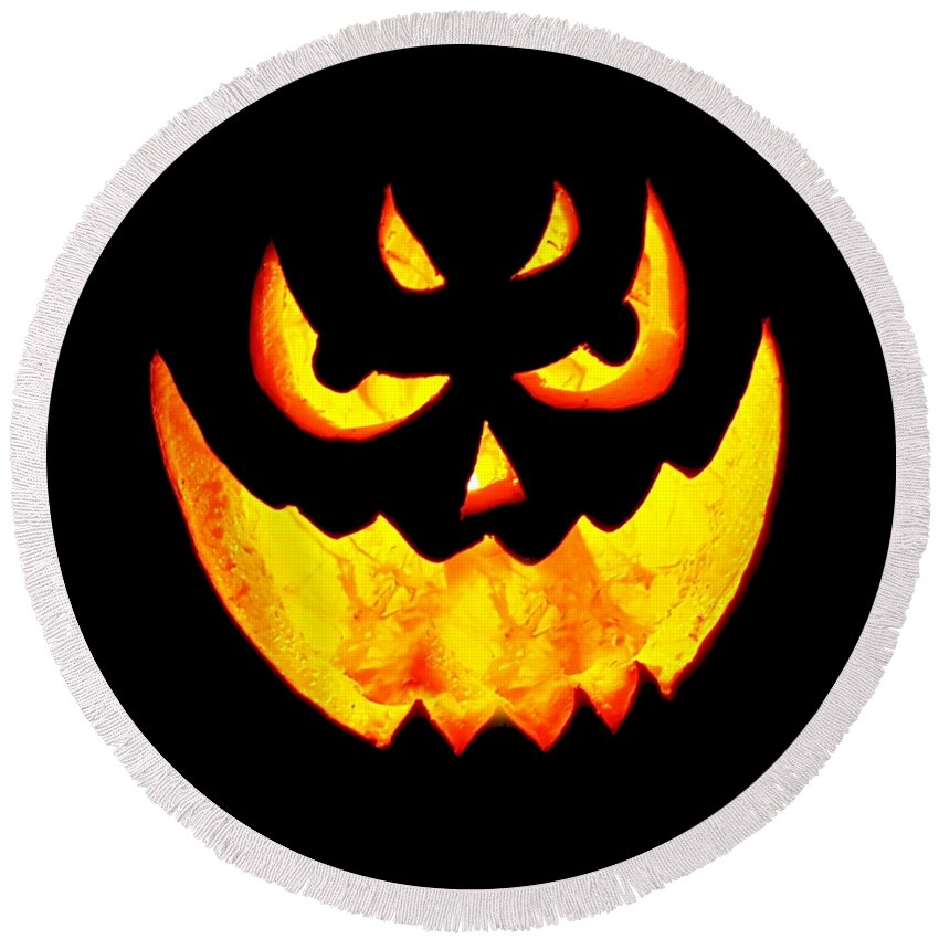 Jack O Lantern Round Beach Towel featuring the digital art Scary Glowing Pumpkin Halloween Costume by Flippin Sweet Gear