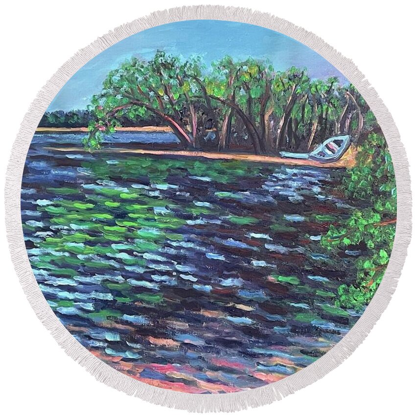 Pond Cape Cod Water Trees Summer Round Beach Towel featuring the painting Scenes from a Pond by Beth Riso