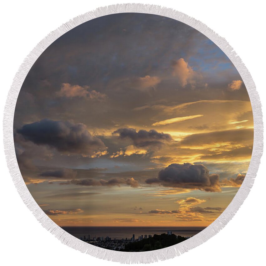 Clouds Round Beach Towel featuring the photograph Scenic sunset sky in Calpe by Adriana Mueller