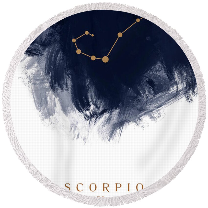 Scorpio Round Beach Towel featuring the mixed media Scorpio Zodiac Sign - Minimal Print - Zodiac, Constellation, Astrology, Good Luck, Night Sky - Blue by Studio Grafiikka