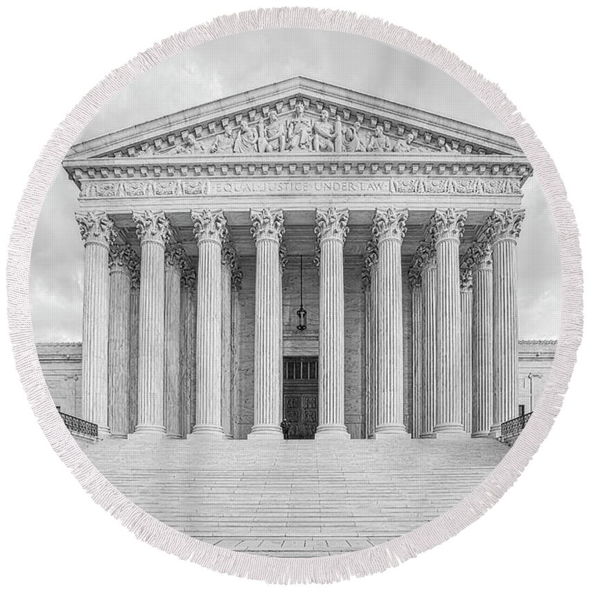 Scotus Round Beach Towel featuring the photograph SCOTUS Equal Justice BW by Susan Candelario