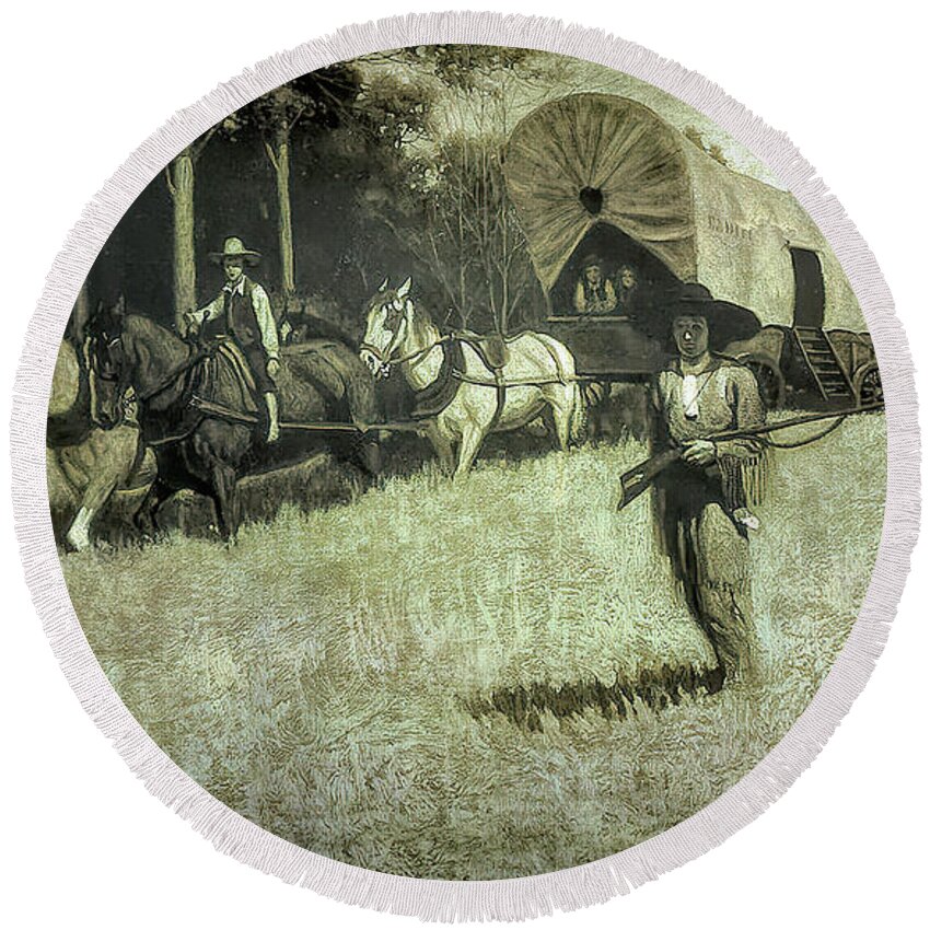 Western Round Beach Towel featuring the painting Scouting With Daniel Boone by Norman Rockwell