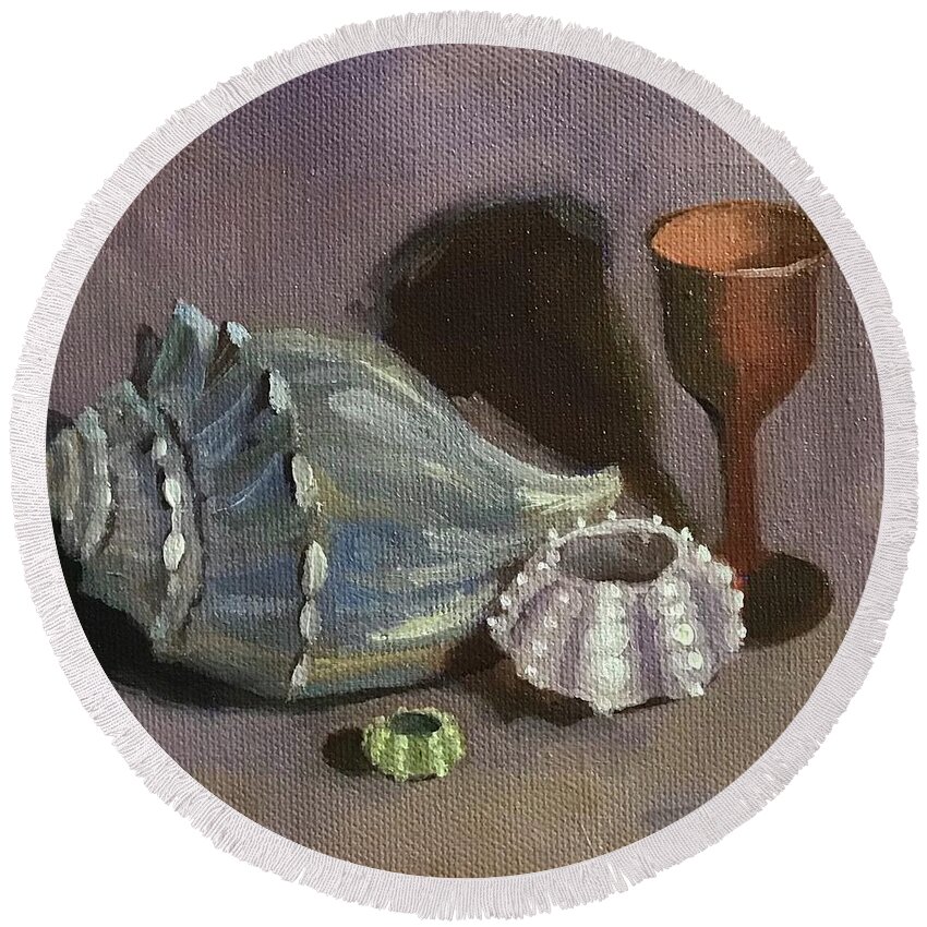 Sea Shell Round Beach Towel featuring the painting Sea Shell Still Life by Anne Marie Brown
