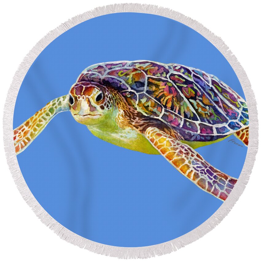 Turtle Round Beach Towel featuring the painting Sea Turtle 3 - solid background by Hailey E Herrera