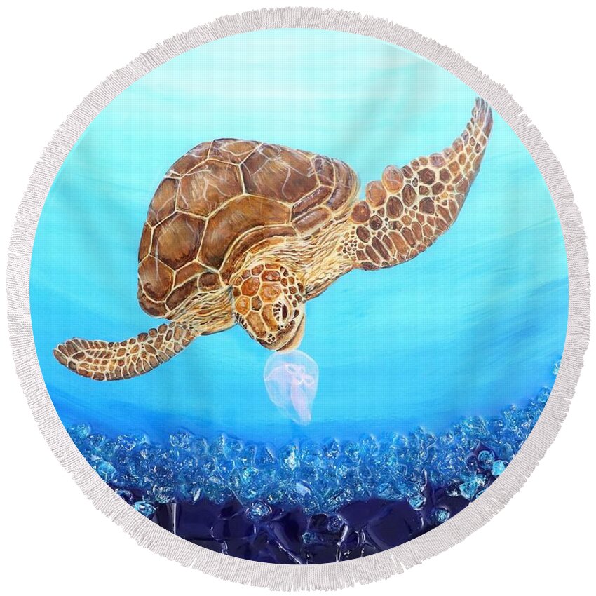 Sea Turtle Round Beach Towel featuring the mixed media Sea Turtle and Jelly by Jenn C Lindquist