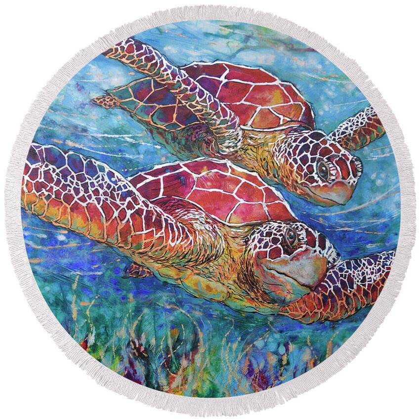  Round Beach Towel featuring the painting Sea Turtle Buddies III by Jyotika Shroff