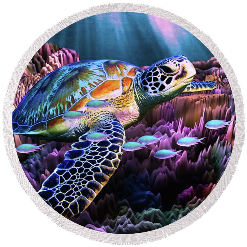 Art Round Beach Towel featuring the digital art Sea Turtle Passing by Artful Oasis