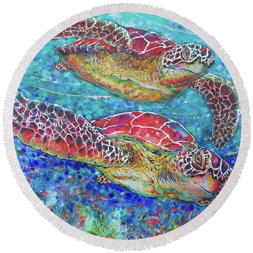  Round Beach Towel featuring the painting Sea Turtles on Coral Reef II by Jyotika Shroff