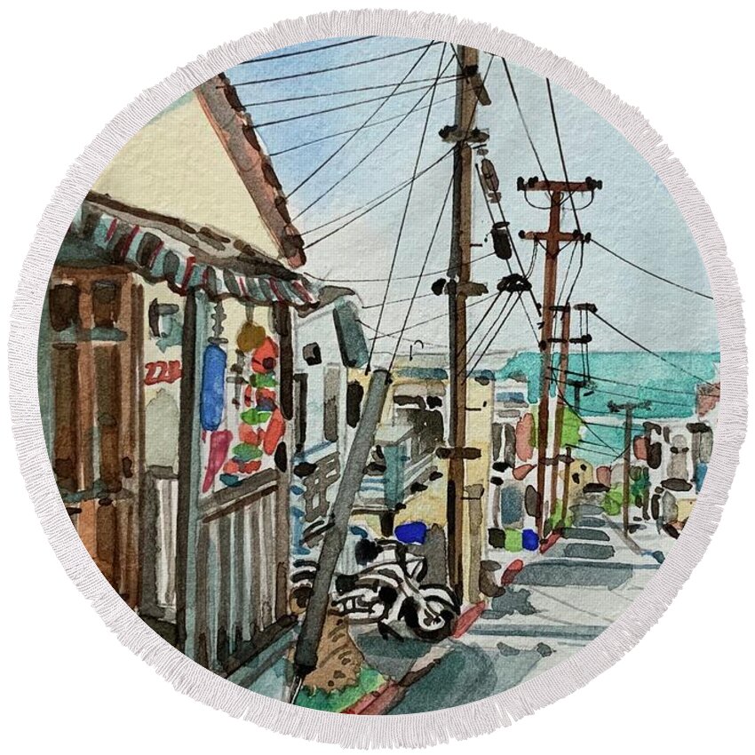 Manhattan Beach Round Beach Towel featuring the painting Sea View El Porto by Luisa Millicent
