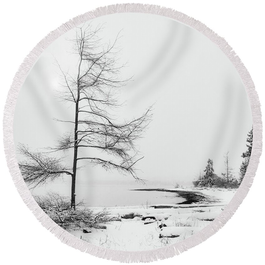 Landscape Round Beach Towel featuring the photograph Seaborne Trees and Sun Black and White by Allan Van Gasbeck