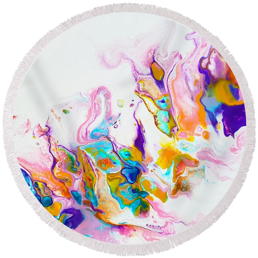 Abstract Round Beach Towel featuring the painting Reef Butterflies by Christine Bolden