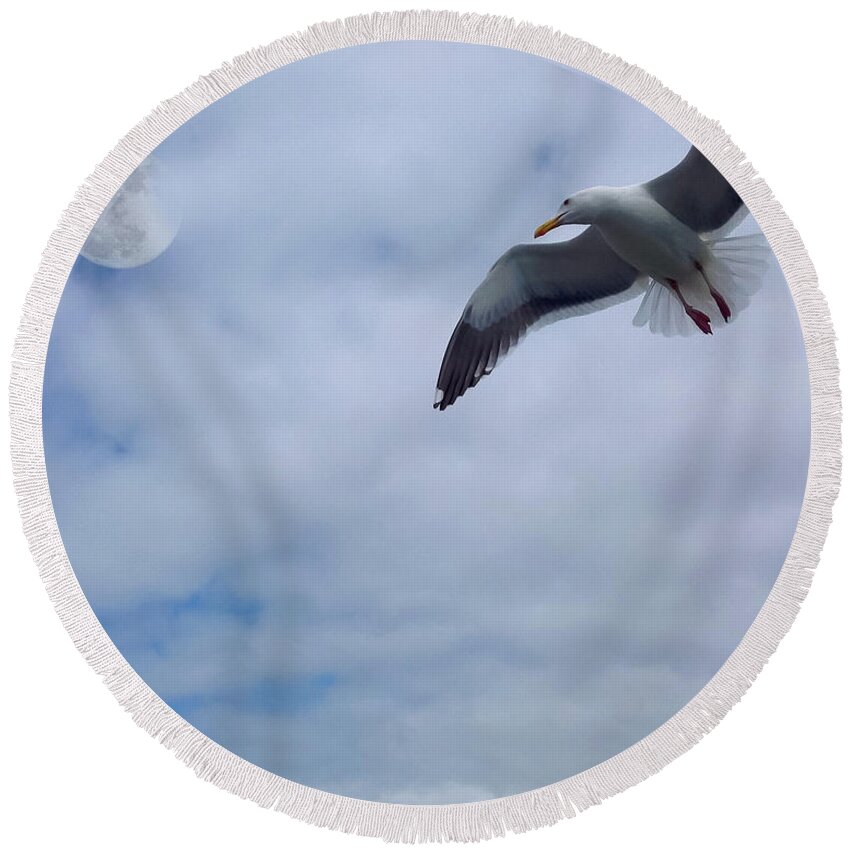 Seagulls Round Beach Towel featuring the photograph Seagull and the Moon by Rocco Leone