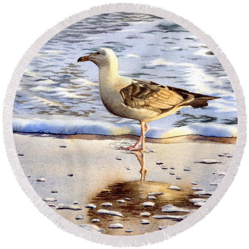 Seagull Round Beach Towel featuring the painting Seagull in the Golden Afternoon by Espero Art